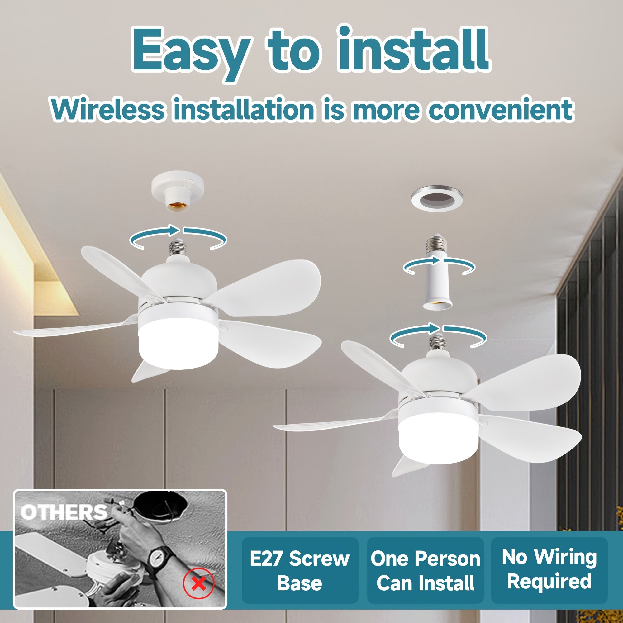 E27 Ceiling Fans with Dimmable LED Lights and Remote Control for Bedroom Kitchen Living Room Balcony