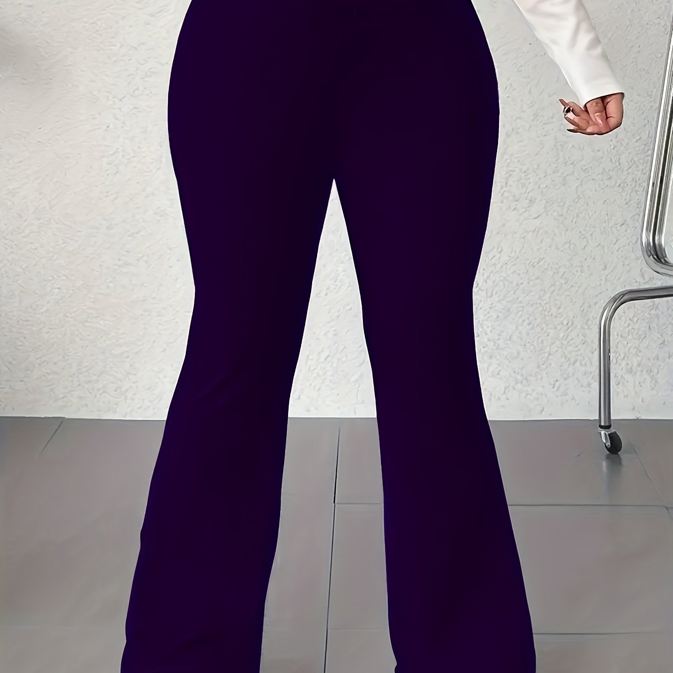 Women's Plus Size Flare Pants Lightweight Polyester Navy Blue High-Rise Elastic Waist