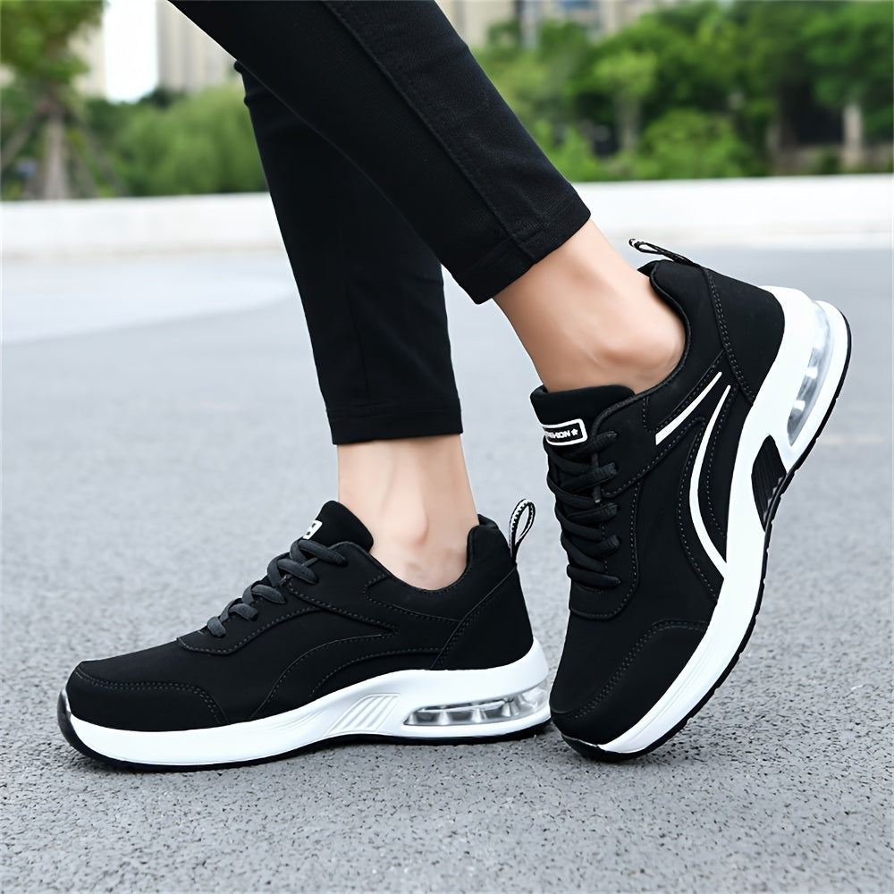 Women's Black Synthetic Leather Casual Sneakers with Air Cushion Support for All Seasons
