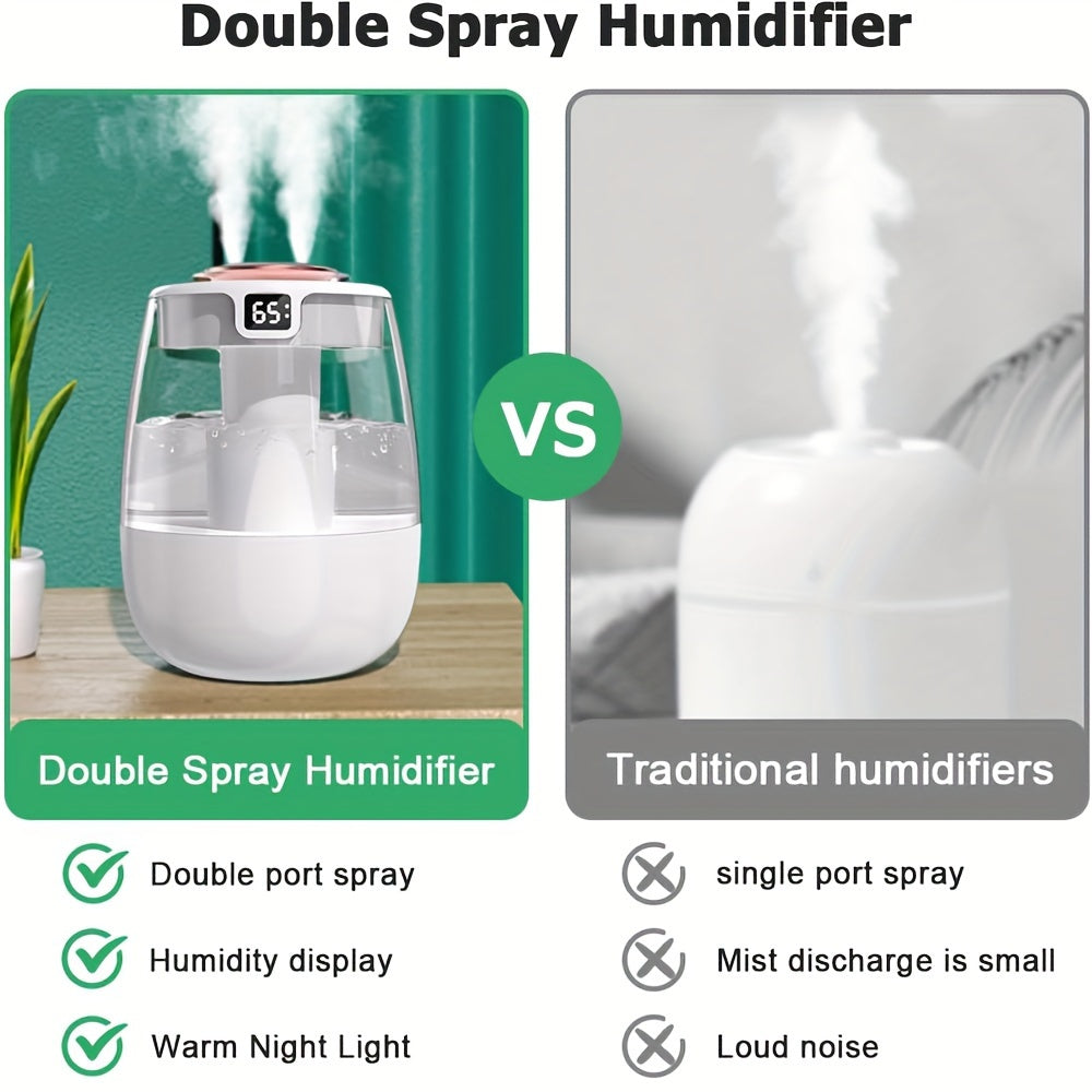 Gran humidificador ultrasónico de aromaterapia con alimentación USB, operación silenciosa, doble modo de pulverización, pantalla de humedad, luz nocturna cálida para hogar y oficina