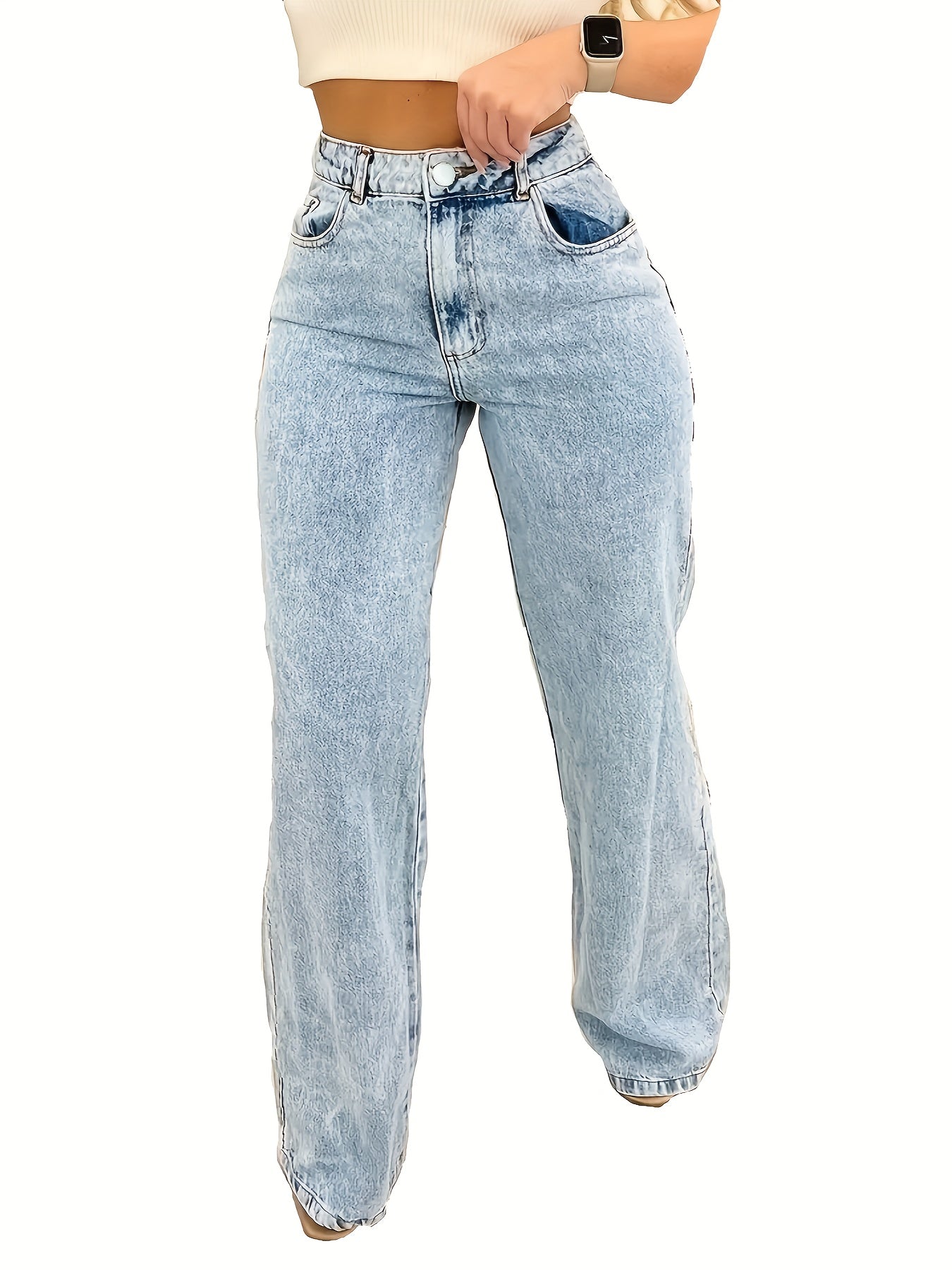 Women's Plus Size High-Waisted Straight Leg Jeans Solid Color All-Season Street Style