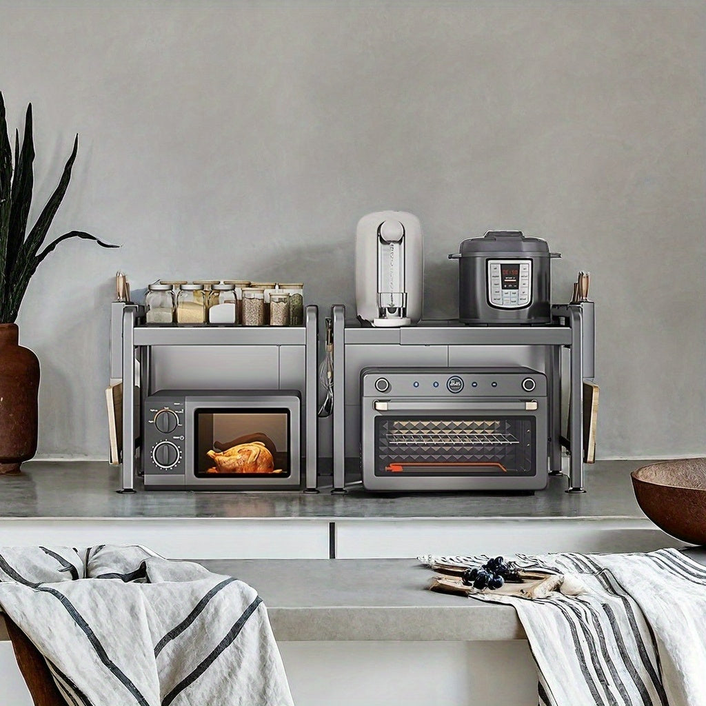 Kuchka uchun sozlanadigan mikroto'lqinli pech uchun turar joy va asboblar uchun tutqich bilan ta'minlangan stol usti stand