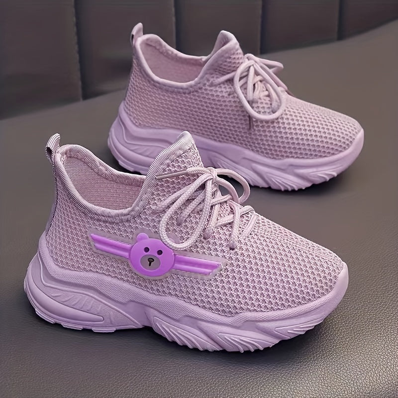 Kids' Pink Knit Sneakers with Cartoon Bear Design Non-Slip Rubber Sole Lace-Up
