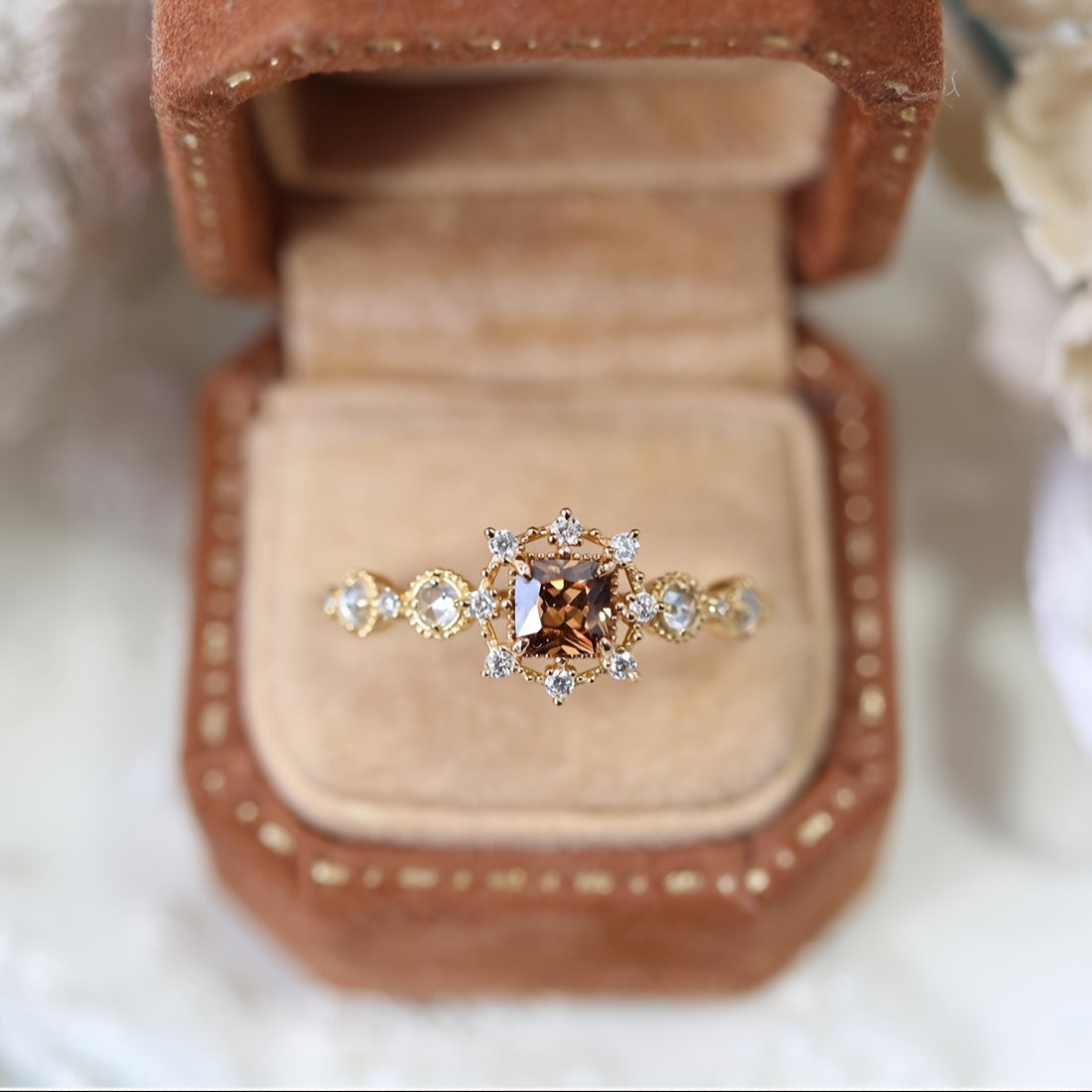 Murakkab 3.1g Oltin qoplamali 925 Sterling Kumush Shampan va Olmos Halqa - Geometrik Qahva Dizayni, Sintetik Dekabr Tug'ilgan Kuni To'pi, U uchun Ideal 14 Fevral Hediye