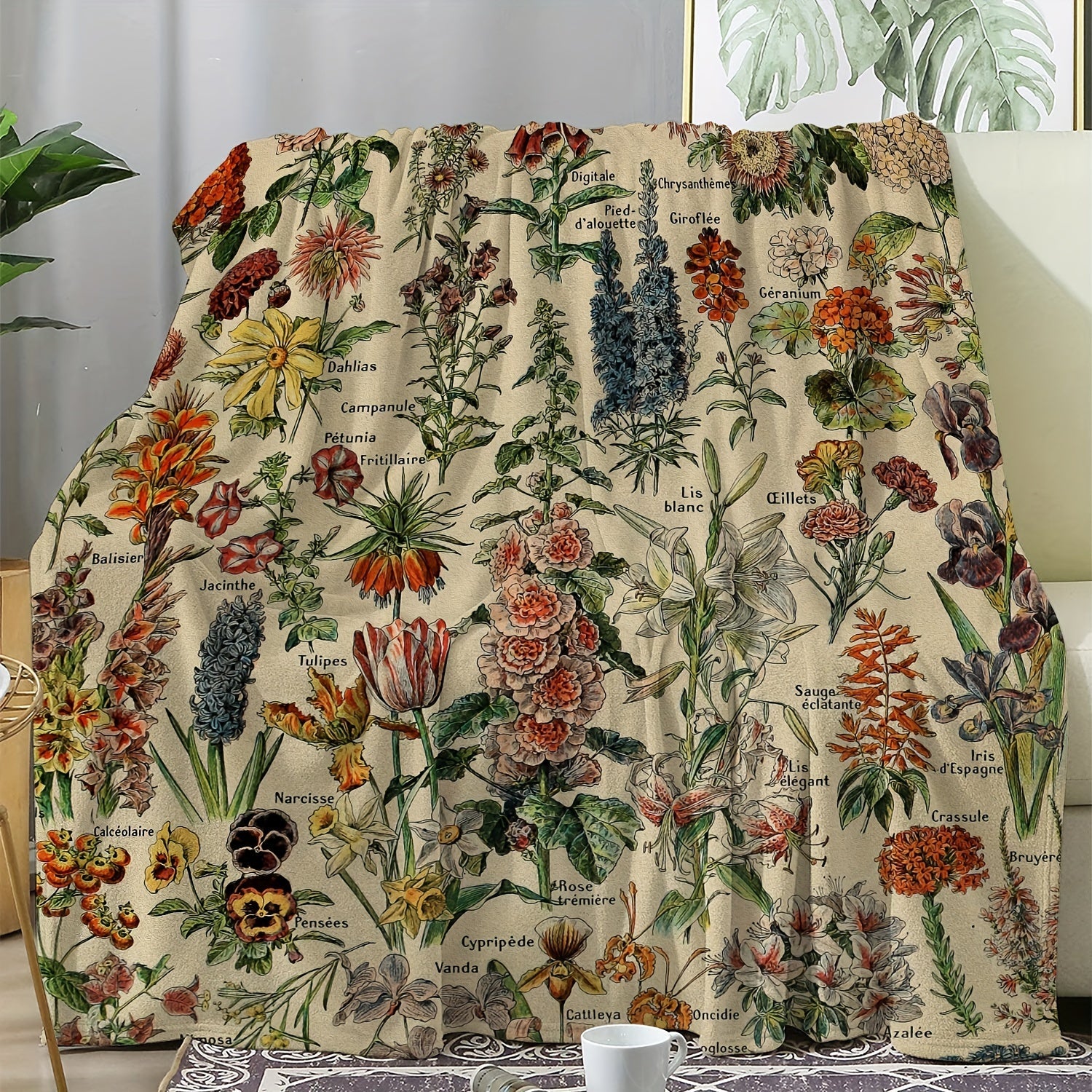 Flannel Floral Print Blanket Soft Warm Throw for Couch Bed Camping Travel