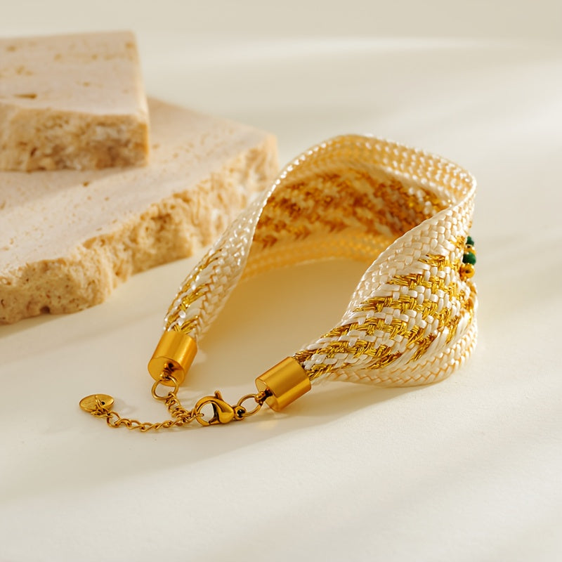 Gold Plated Titanium Steel Bracelet with Turquoise Bohemian Ethnic Woven Design for Women