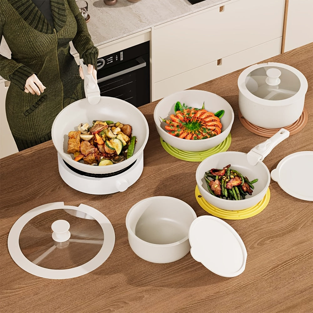 Juego de utensilios de cocina antiadherentes de 18 piezas con mangos removibles, aluminio cepillado