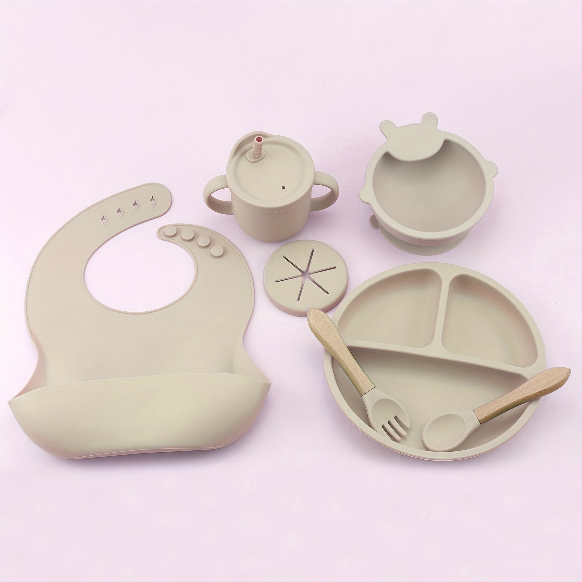 Kids Feeding Set 7 Pieces Silicone Bib Water Cup Teething Plate Suction Bowl Wooden Spoon Fork Red