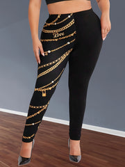 Plus Size Skinny Leggings Chain Patterned Stretch Knit Pants for Going Out