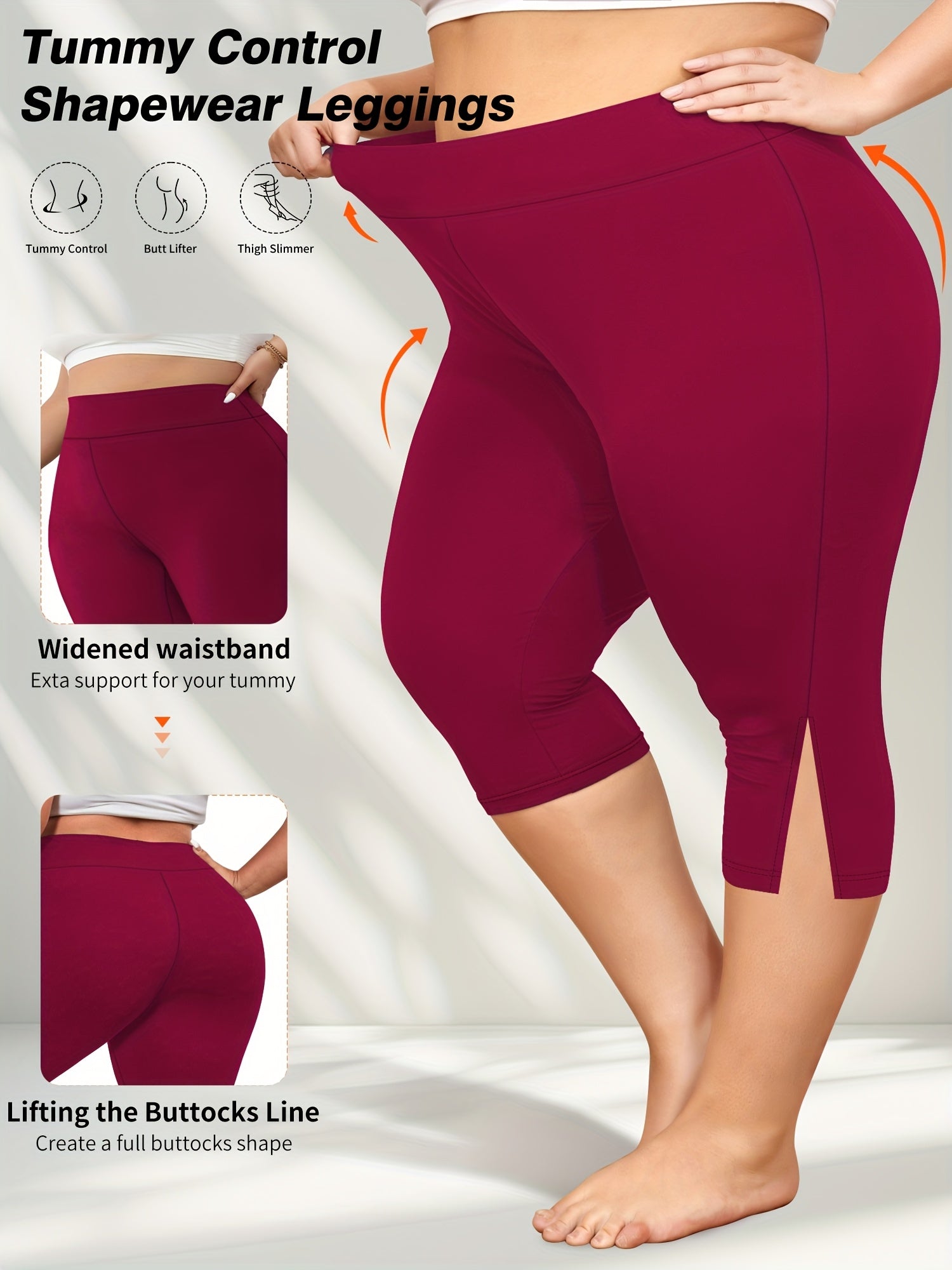Plus Size High-Waist Knee Leggings with Side Slit Stretchy Polyester Blend
