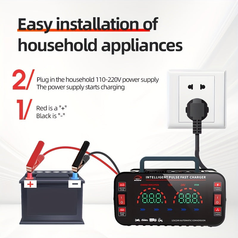 High-Power Car Battery Charger with Maintenance Function and Automatic Voltage Detection