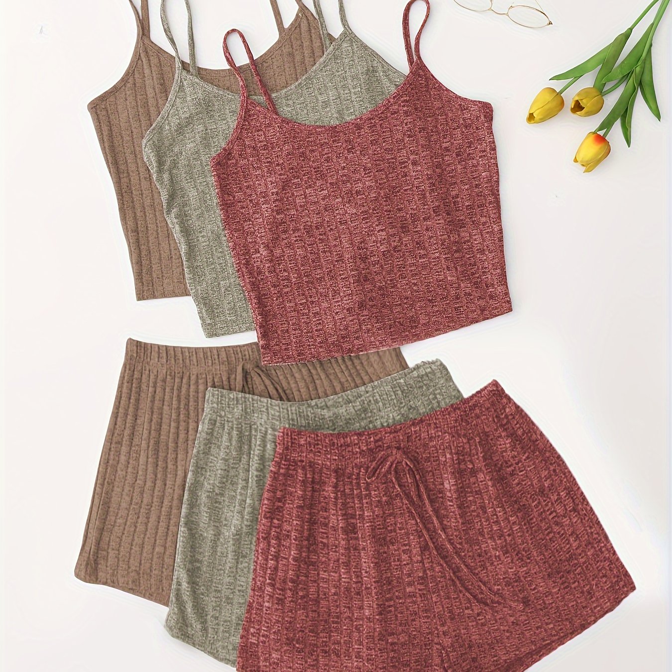 Women's 3-Piece Pajama Set Solid Cami Top Lace-Up Shorts Sleepwear Lounge Wear