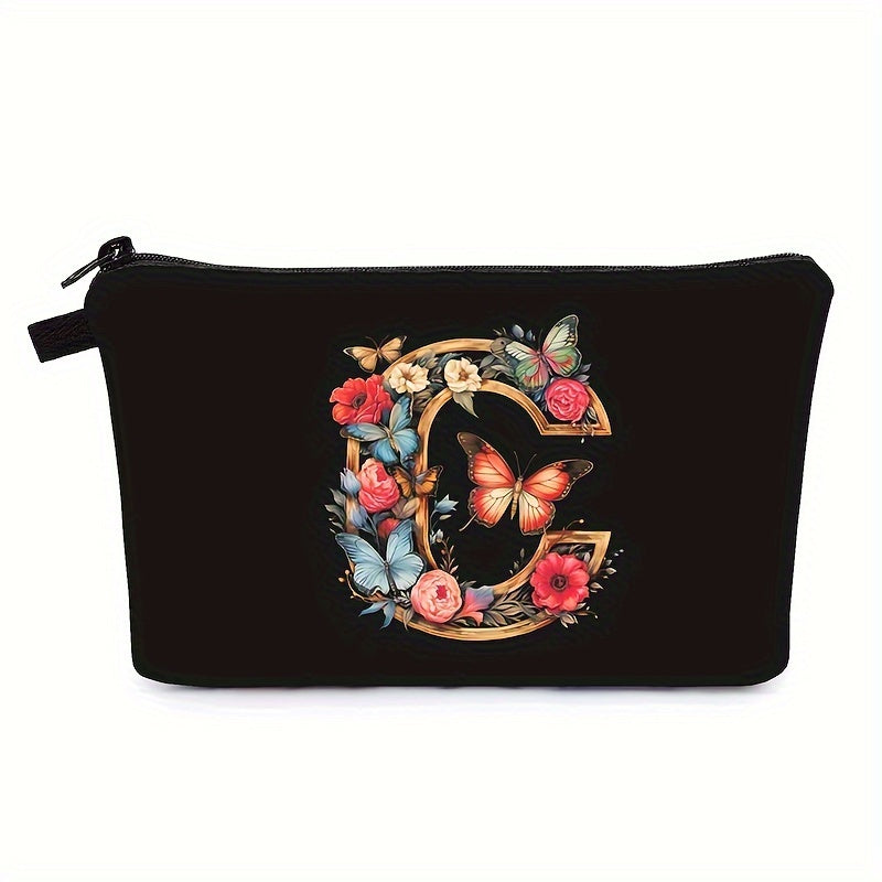 Bolsa de maquillaje negra para mujer con patrón de mariposas y flores para organizar los esenciales de belleza