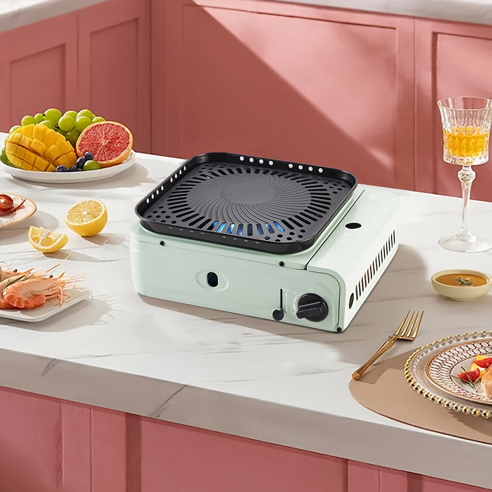 Sayohat va uy uchun portativ elektr pechka, 2300W kompaktdan stol usti grill, o'rnatilgan stand, spatula va xizmat qilish uchun likopcha bilan. Elektr energiyasi talab qilinmaydi, yengil va bardoshli dizayn uchun