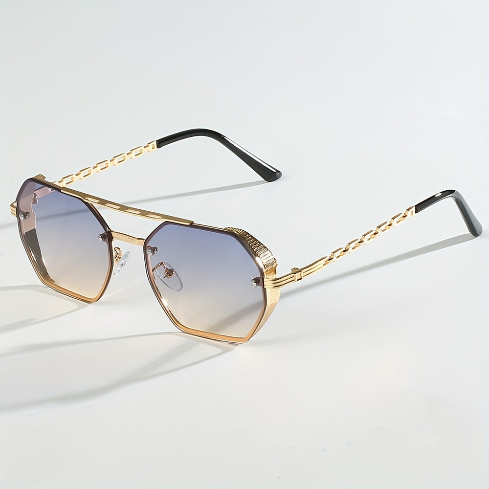Uniseks polygonal oltin ramkali quyoshdan himoyalovchi ko‘zoynaklar zanjirli dizayni bilan