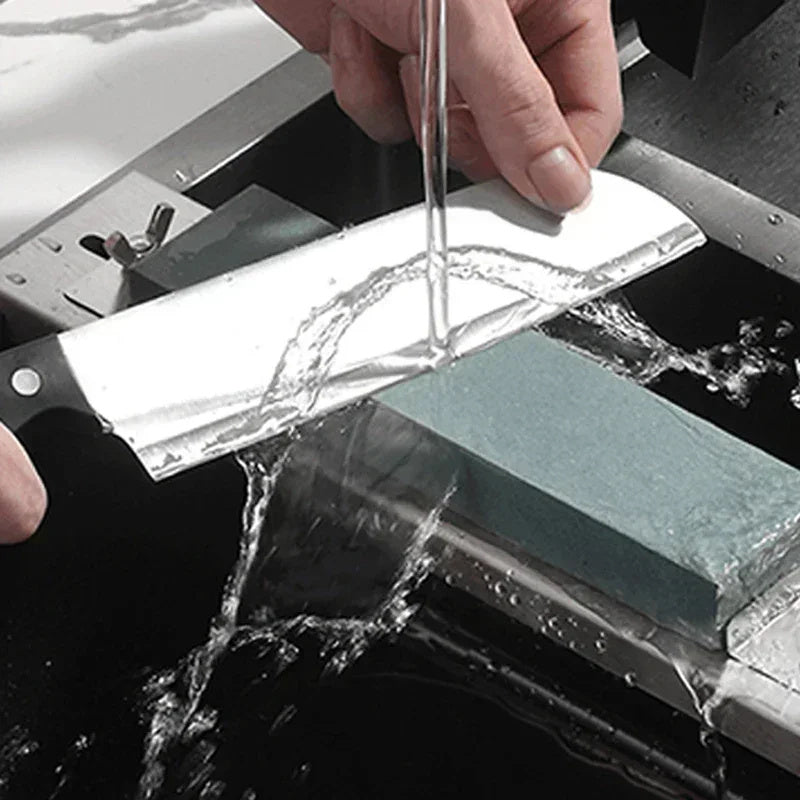 Stainless steel sink-mounted sharpening rack with adjustable bracket and glass oilstone