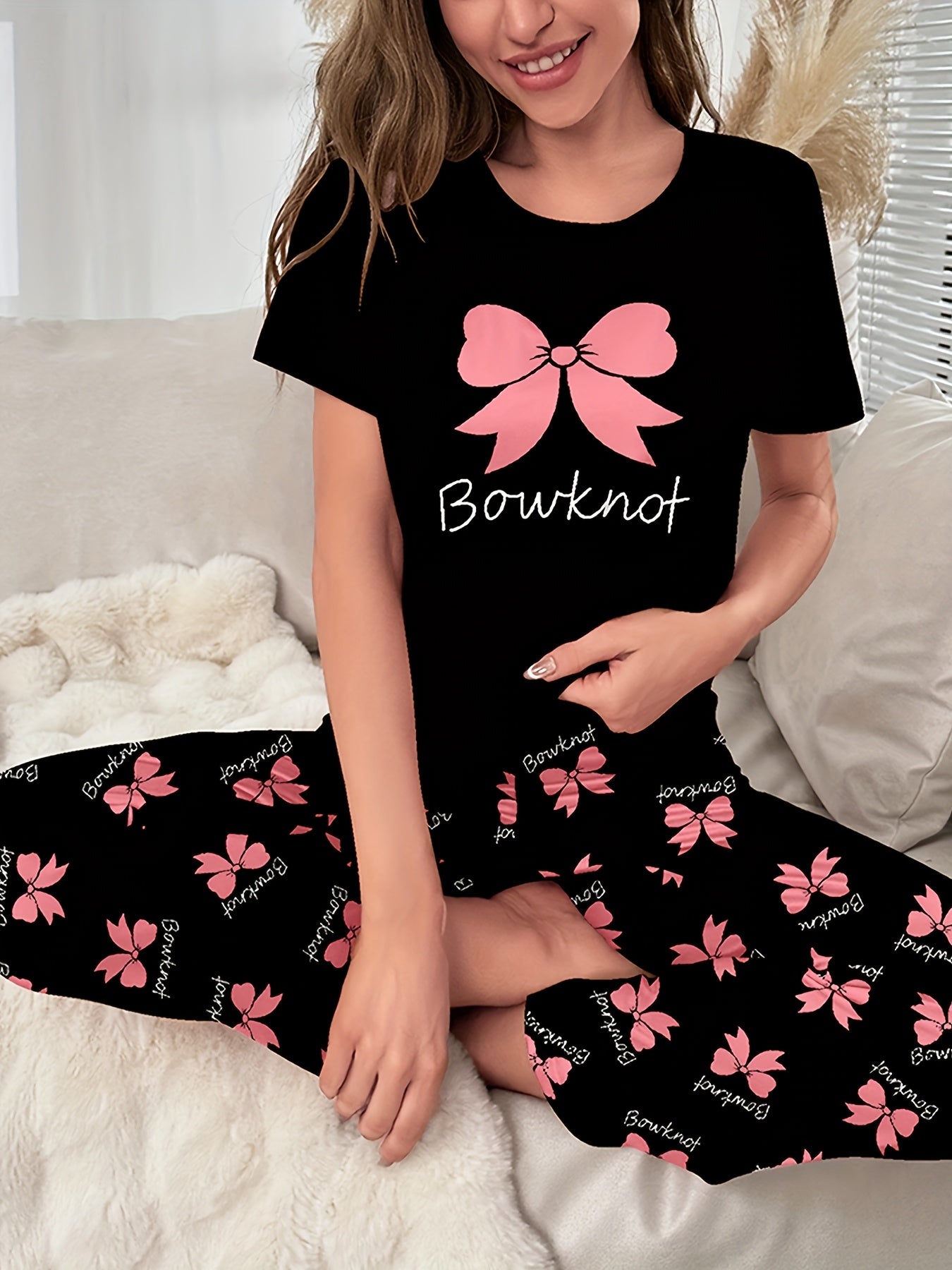 Women's Sleepwear Set with Bow and Slogan Print Short Sleeve Top and Elastic Pants
