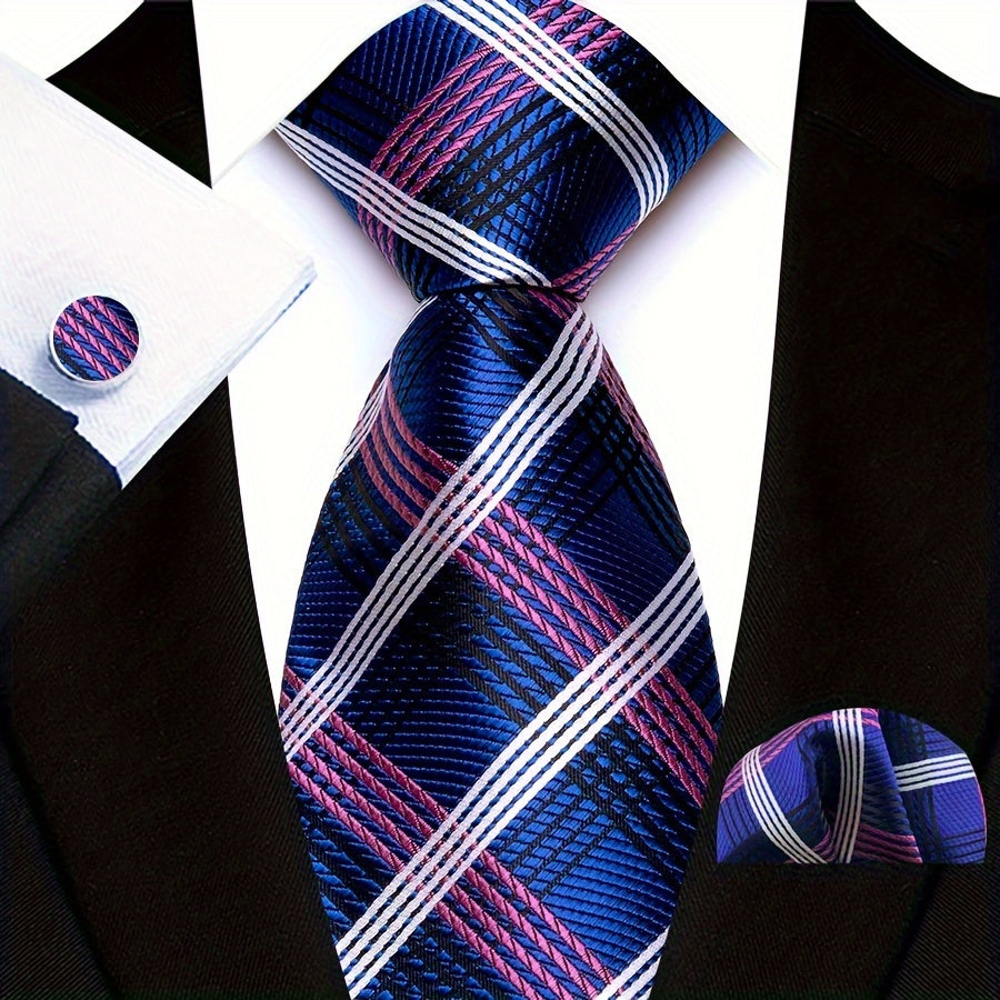Men's Plaid Pattern Tie Pocket Scarf Cuff Set for Suits Gift