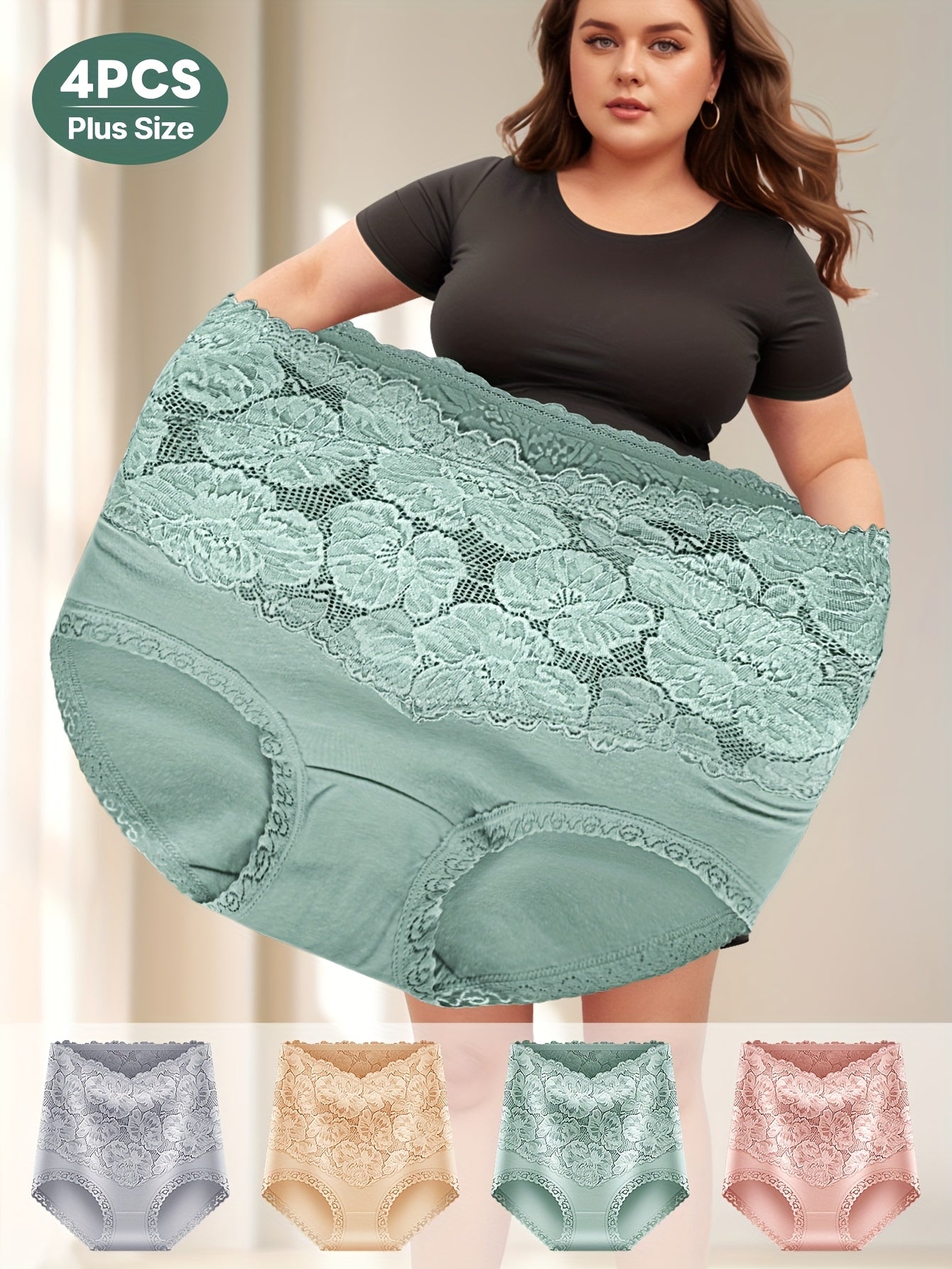 Plus Size High-Waist Tummy Control Women's Panties 4 Pack Cotton Lace Solid