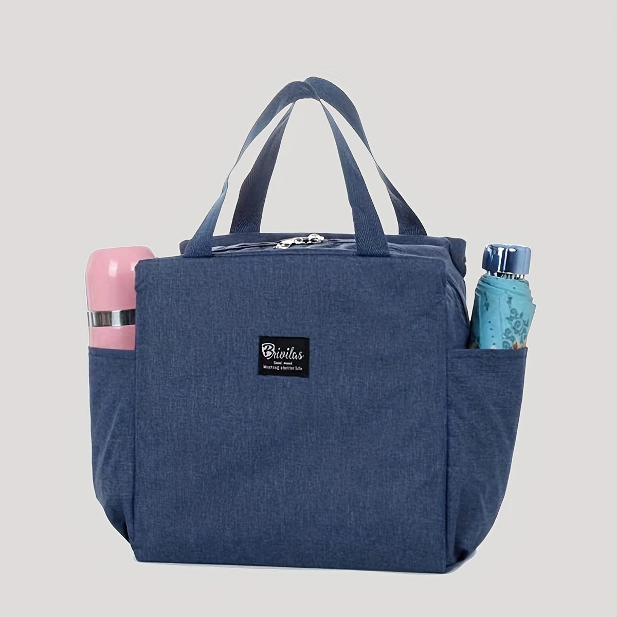 Insulated Lunch Bag with Two Pockets Oxford Cloth Durable Hand Washable for School Work Picnic Beach