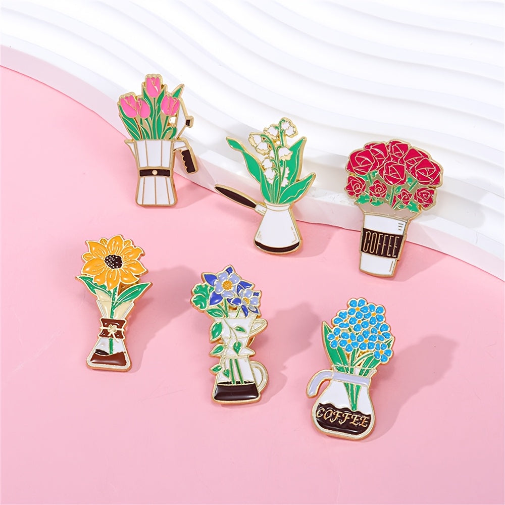 Set of 6 Minimalist Alloy Coffee Flower Enamel Brooch Pins Irregular Shaped Lapel Accessories