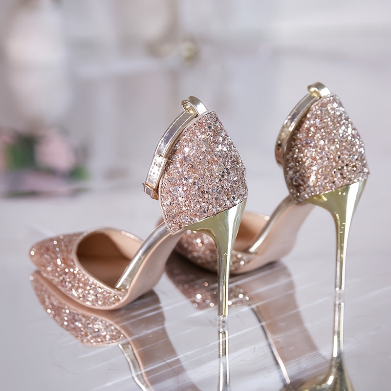 Women Silver Sequin Pointed Toe Stiletto Heels Elegant Party Wedding Shoes