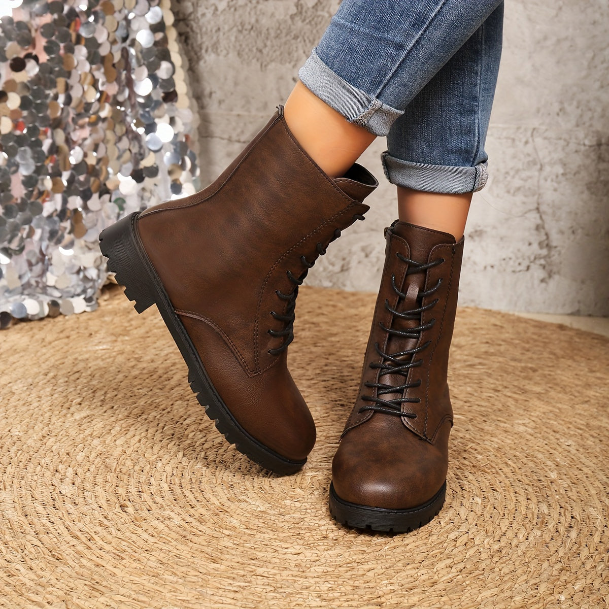 Women's Western Mid-Calf Boots Brown Synthetic Round Toe Zipper Chunky Heel