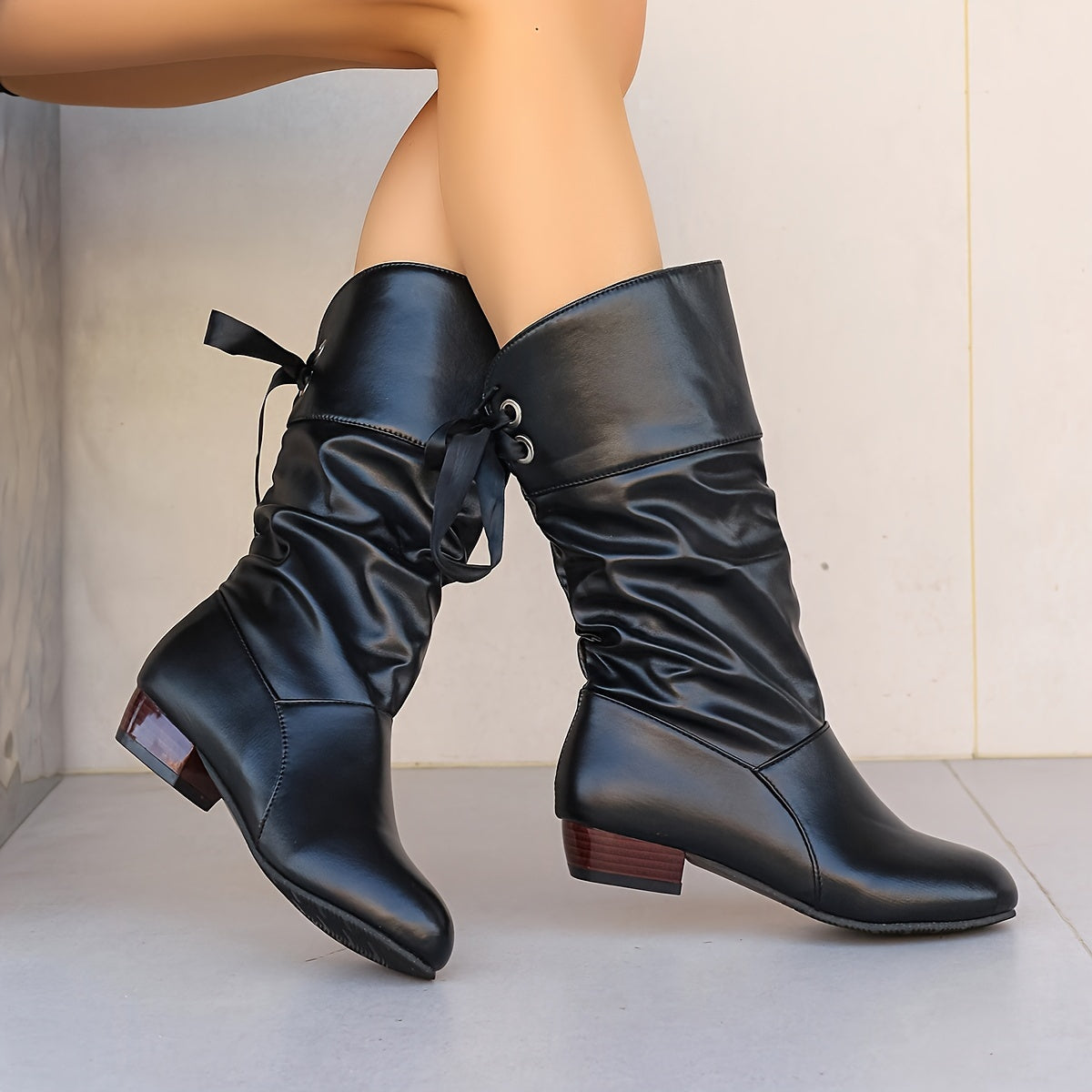 Women's Ribbon Tie Mid-Calf Wedge Boots Casual Slouchy Solid Color