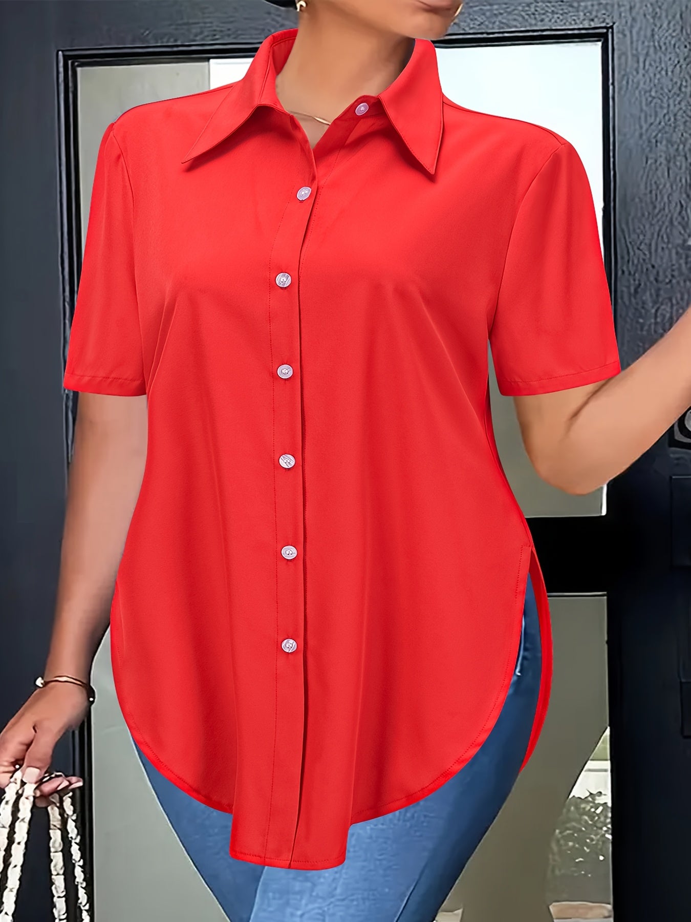 Women's Plus Size Polyester Casual Short Sleeve Shirt with Lapel Collar