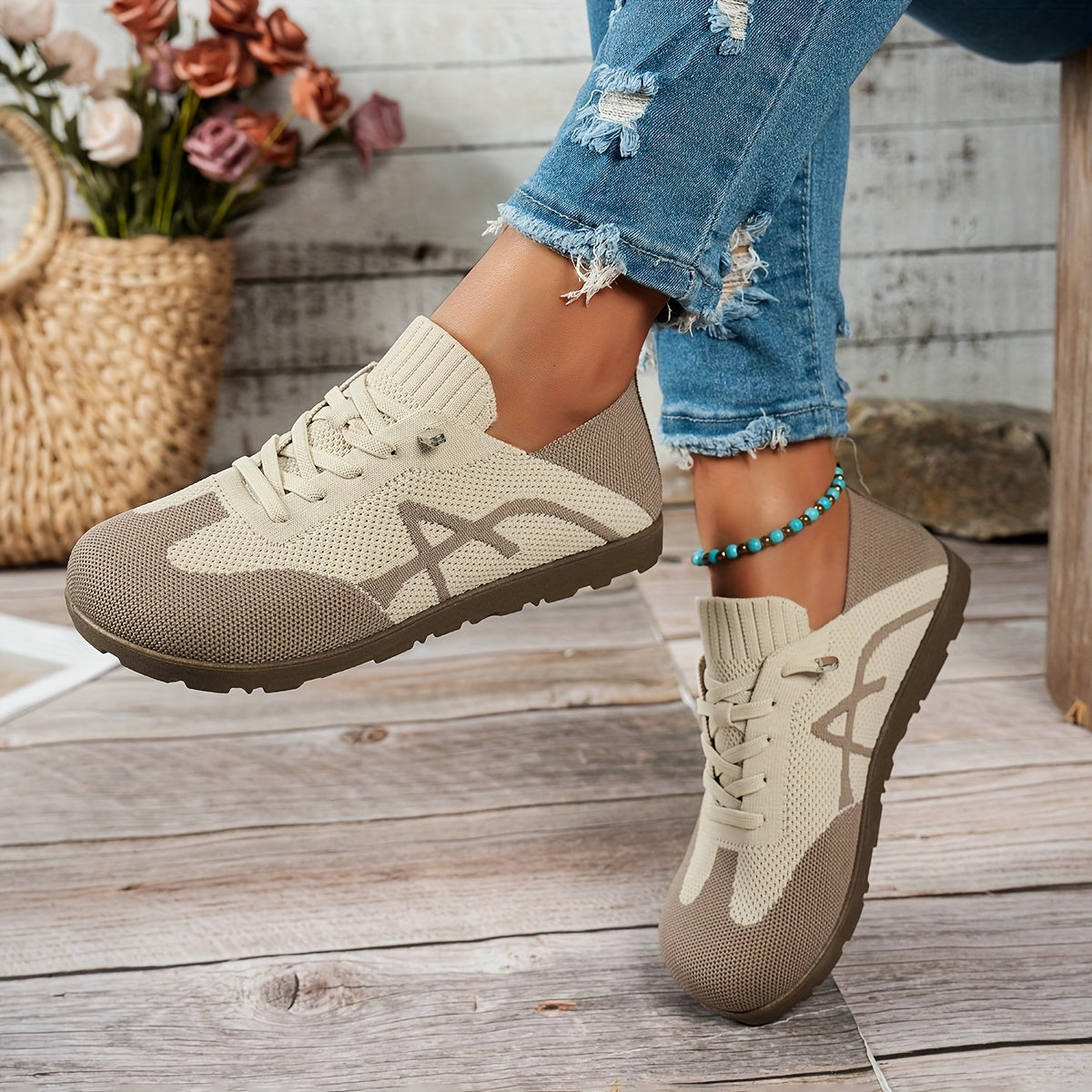 Women's Casual Slip-On Flats Knit Fabric with PVC Outsole Black Beige