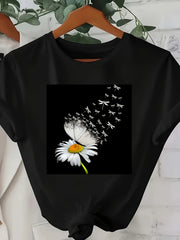 Plus Size Women's Black T-Shirt with White Dandelion and Dragonfly Print