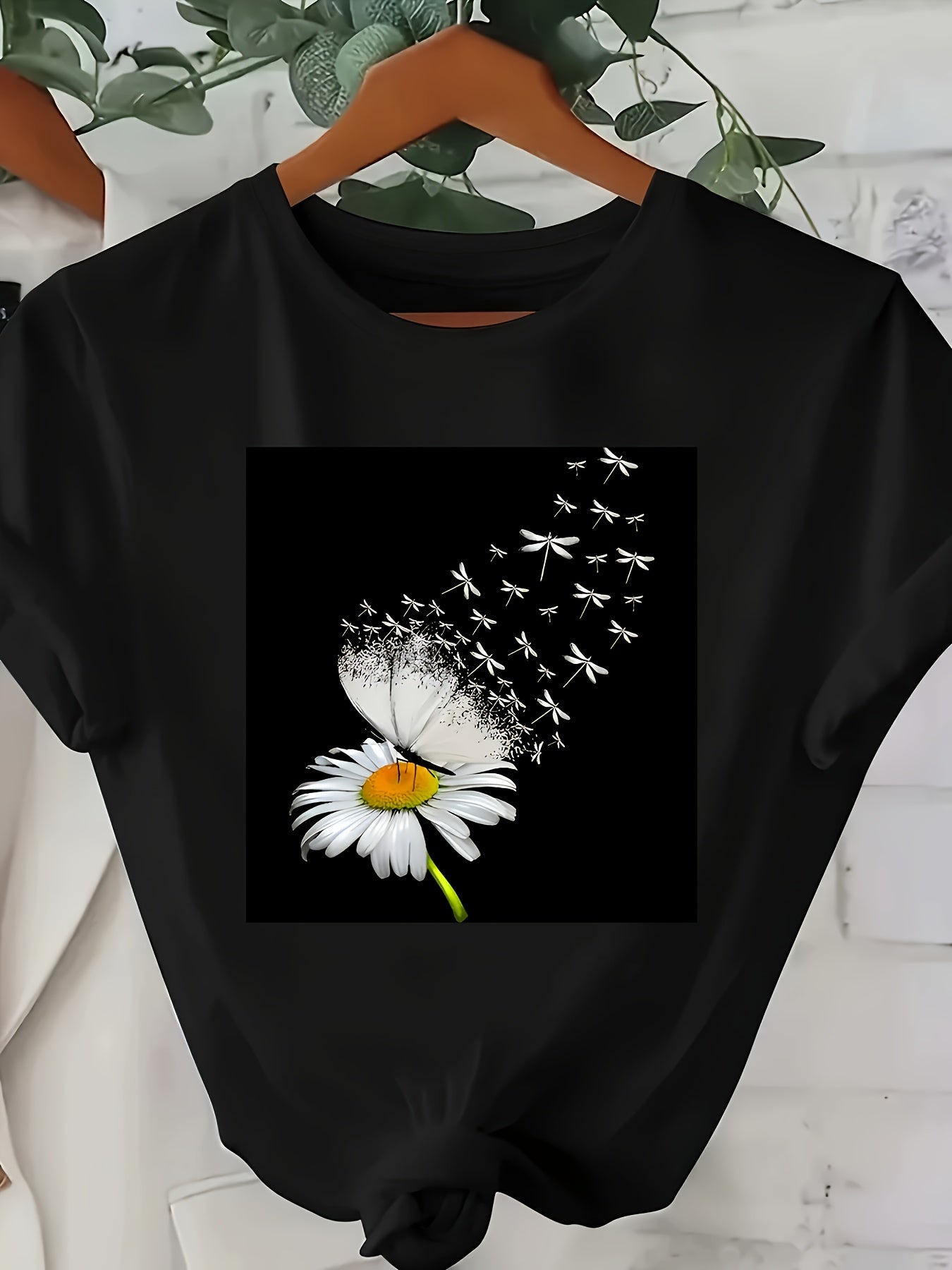 Plus Size Women's Black T-Shirt with White Dandelion and Dragonfly Print