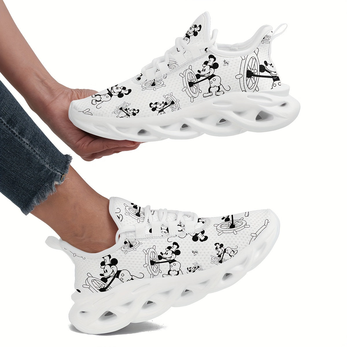 Women’s Breathable Canvas Sneakers with Cartoon Mouse Pattern for Running