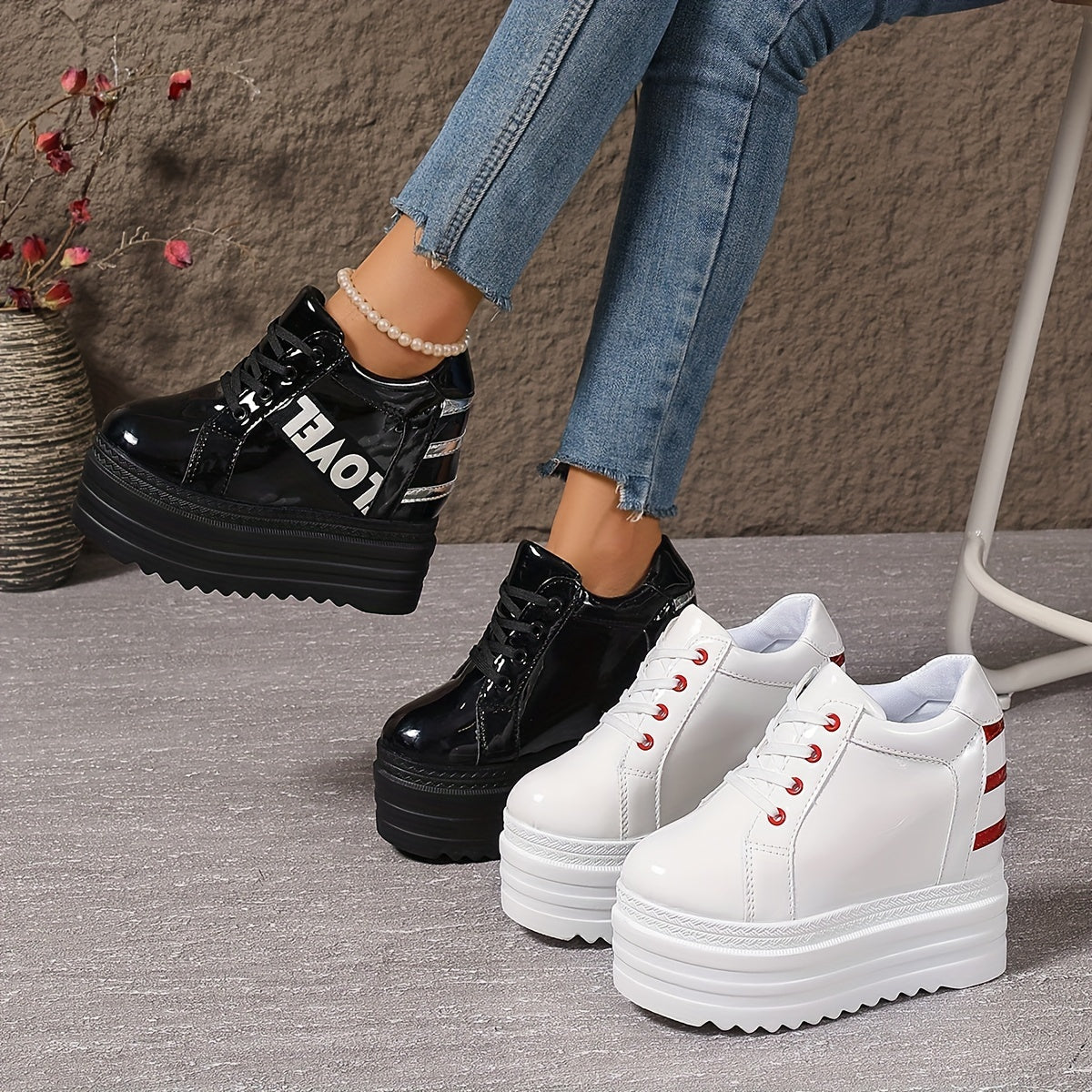 Women's White Platform Sneakers with Thick Sole and Lace-Up