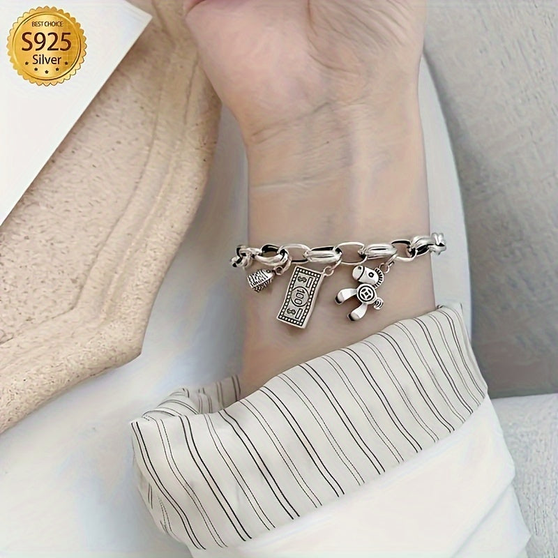 Pulsera de plata de ley para mujer con dijes de caballo y moneda estilo vintage regalo