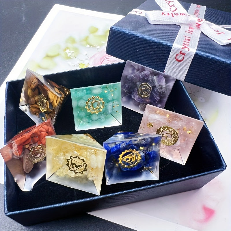 Set of 7 Natural Crystal Orgone Mini Pyramids in Gift Box Reiki Healing Gemstone Resin Decor