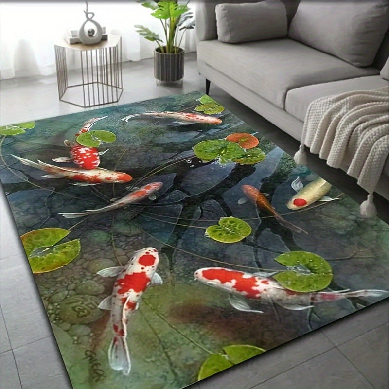 Koi Fish Pond Design Area Rug Non-Slip Washable Polyester Flannel 1cm Thick