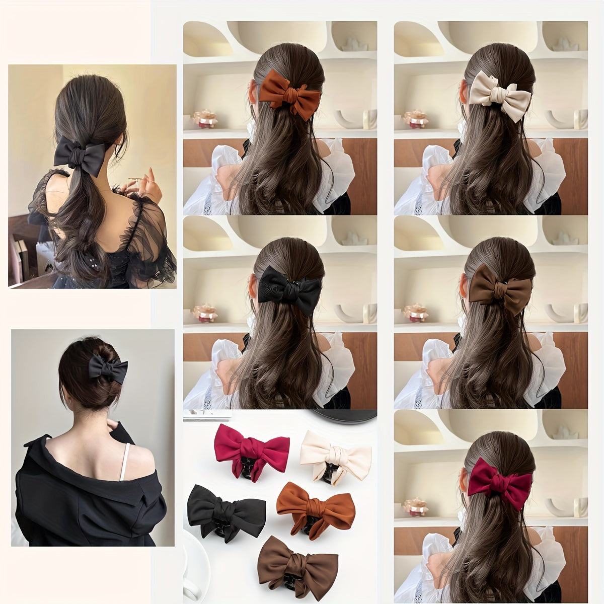 Women's Hair Clip Bowknot Non-Slip Fabric Hair Accessory for Ponytails in Khaki and Black