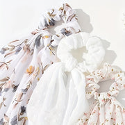 Set of 4 Floral Ribbon Hair Ties, Scrunchies, Chiffon Ponytail Holders for Women