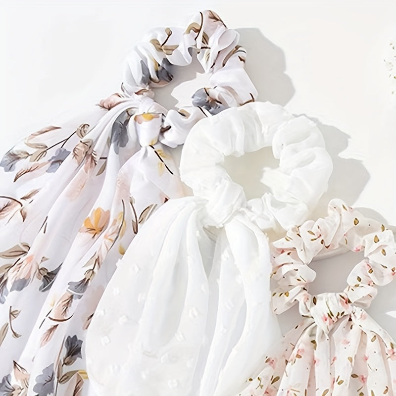 Set of 4 Floral Ribbon Hair Ties, Scrunchies, Chiffon Ponytail Holders for Women