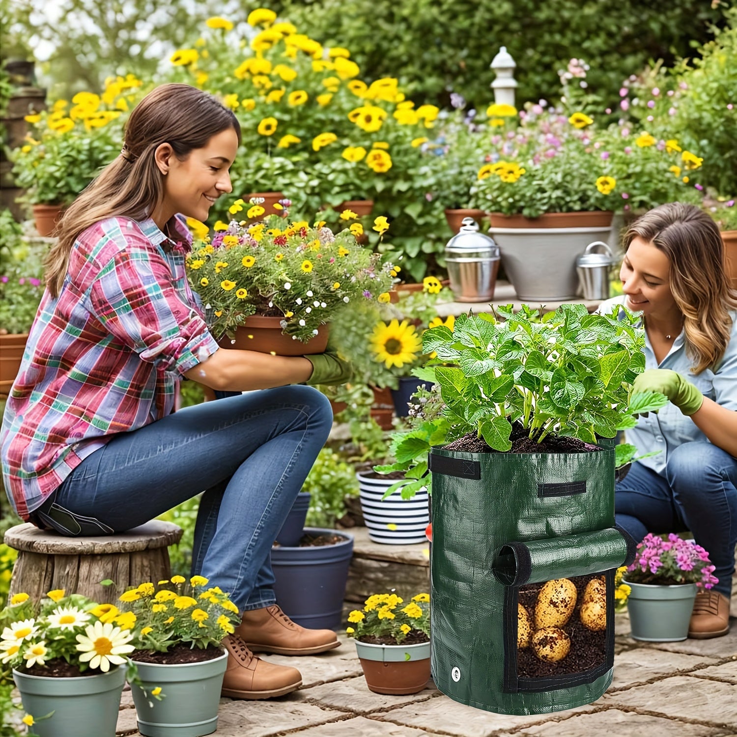 5pcs Green 7-Gallon Fabric Grow Bags with Handles for Outdoor Vegetable Gardening