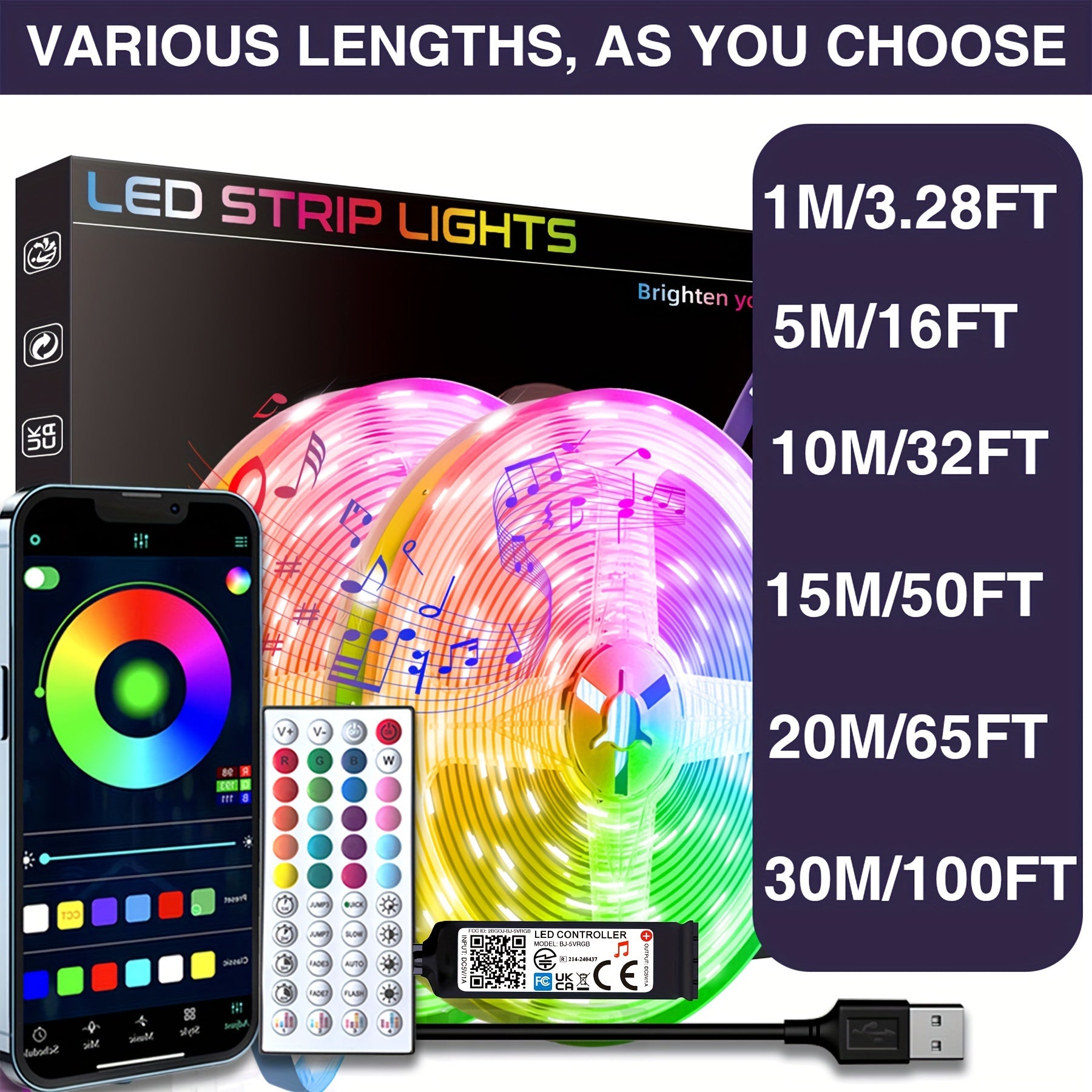 Smart LED Strip Lights 91cm-30m Color Changing Music Sync App Remote Indoor Decor