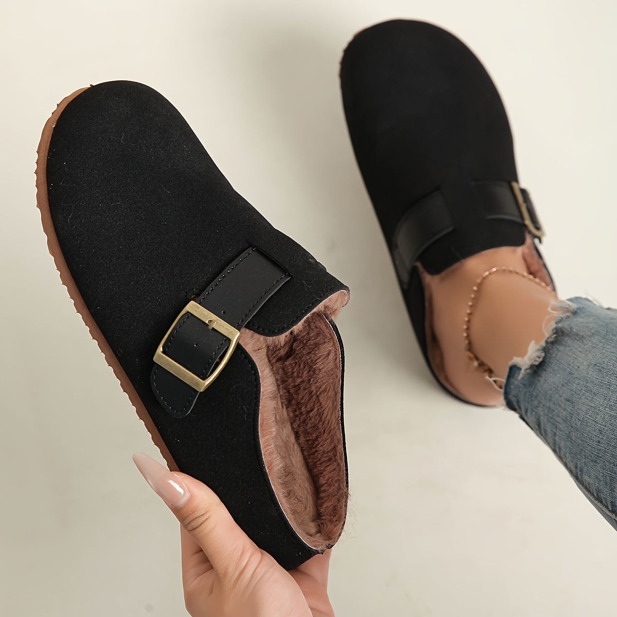 Women Mule Shoes Flat Fleece Slip-On Casual Comfortable