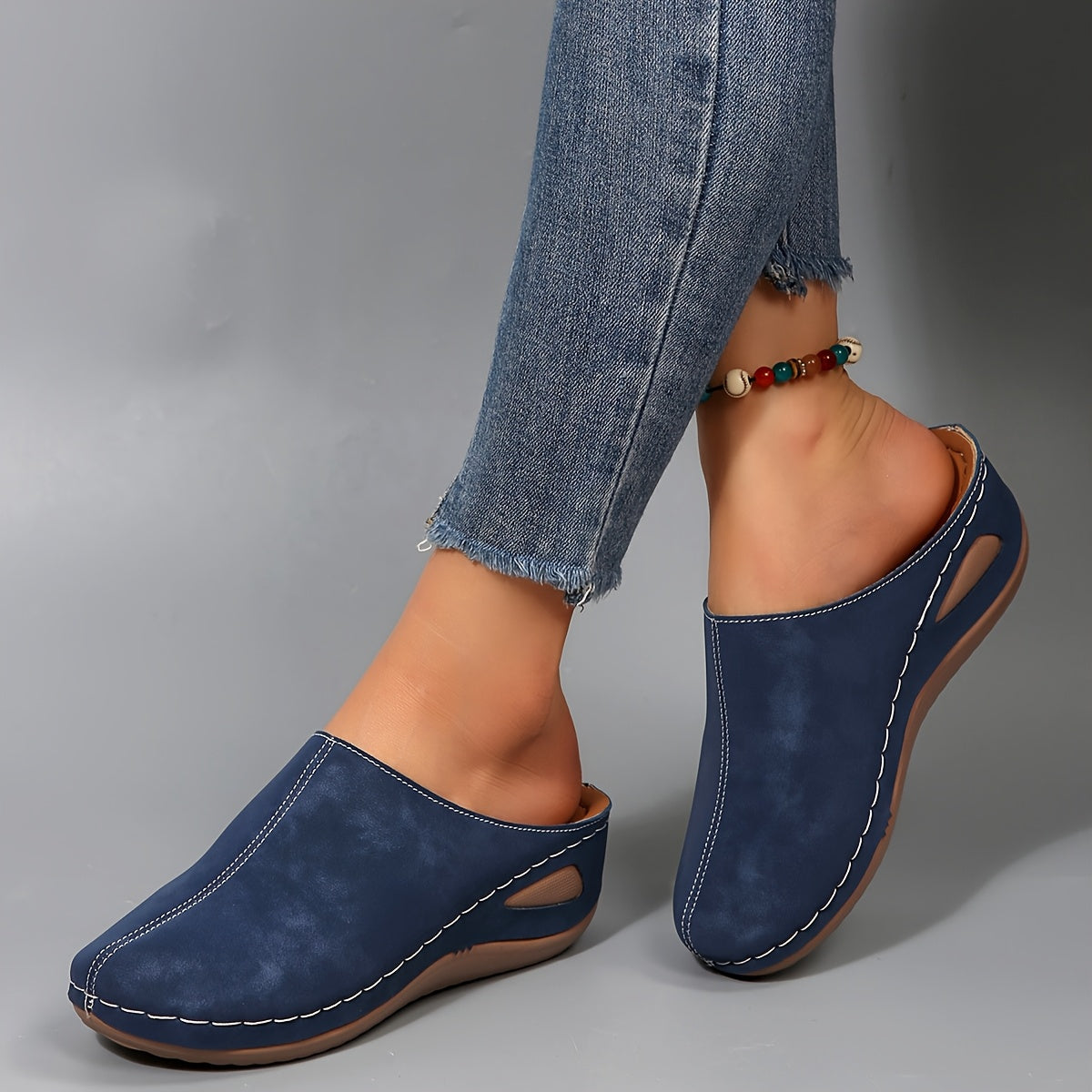 Women's Slip-On Mules Chunky Heel Round Toe PU Shoes Navy Blue All-Season Platform