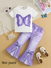 Kids' Casual Set Short Sleeve Top and Split Denim Micro Bell Pants Polyester Animal Pattern