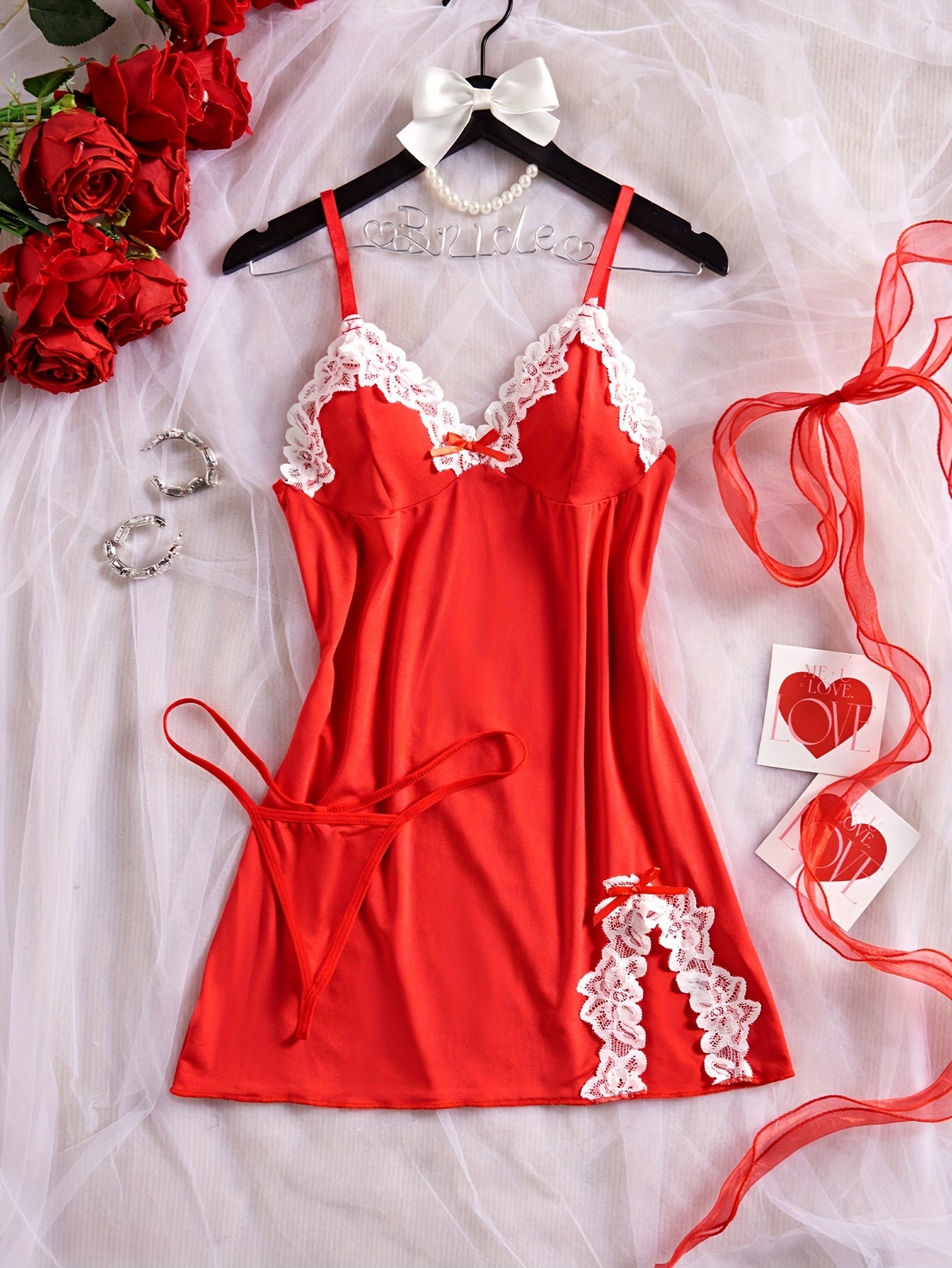 Women's Lace Deep V-Neck Lingerie Set with Bow and Tight Fit