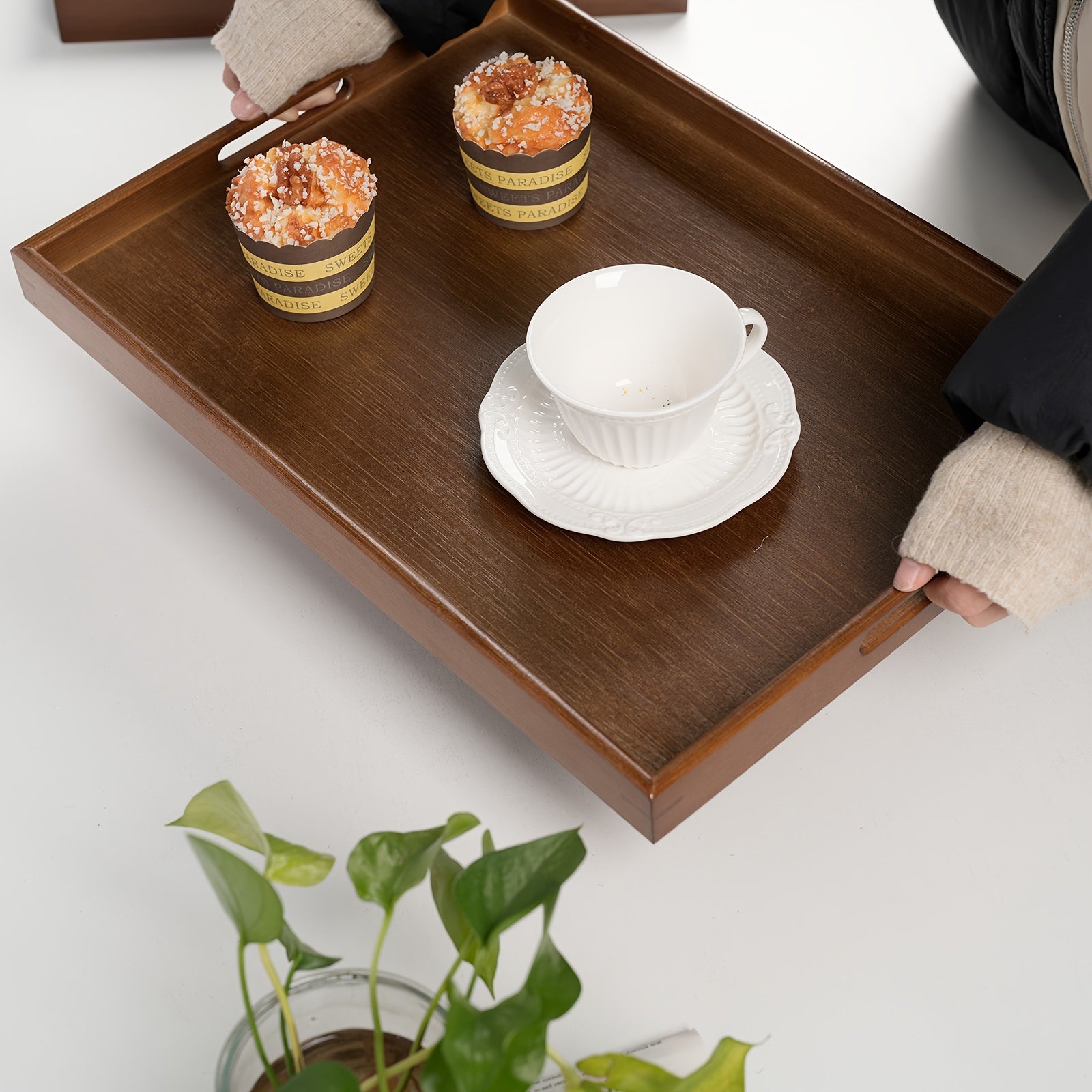 Bandeja de servicio de bambú con asas para organización y decoración del hogar