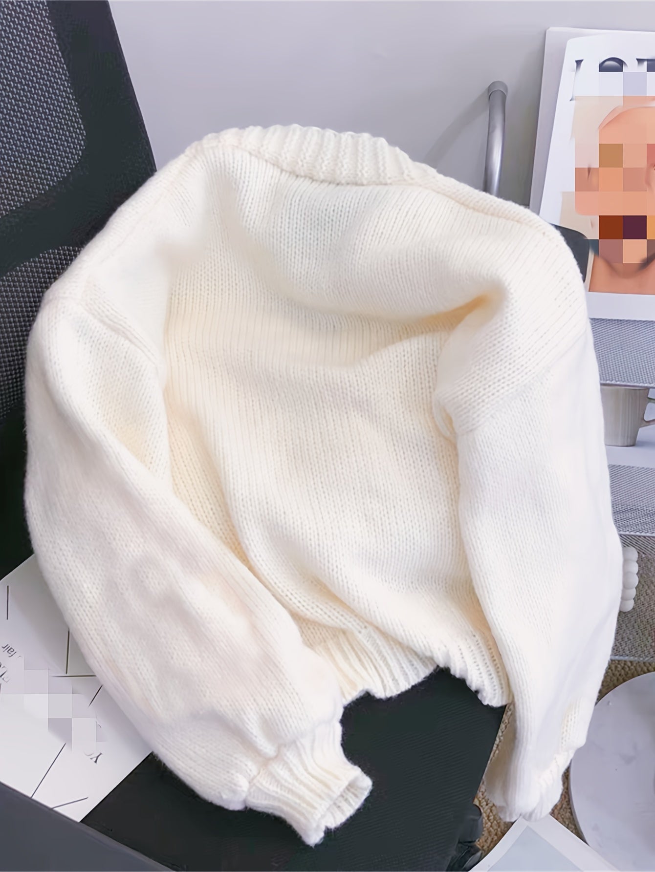 Cárdigan de punto con parche floral para mujer, cuello en V, casual, manga larga, otoño