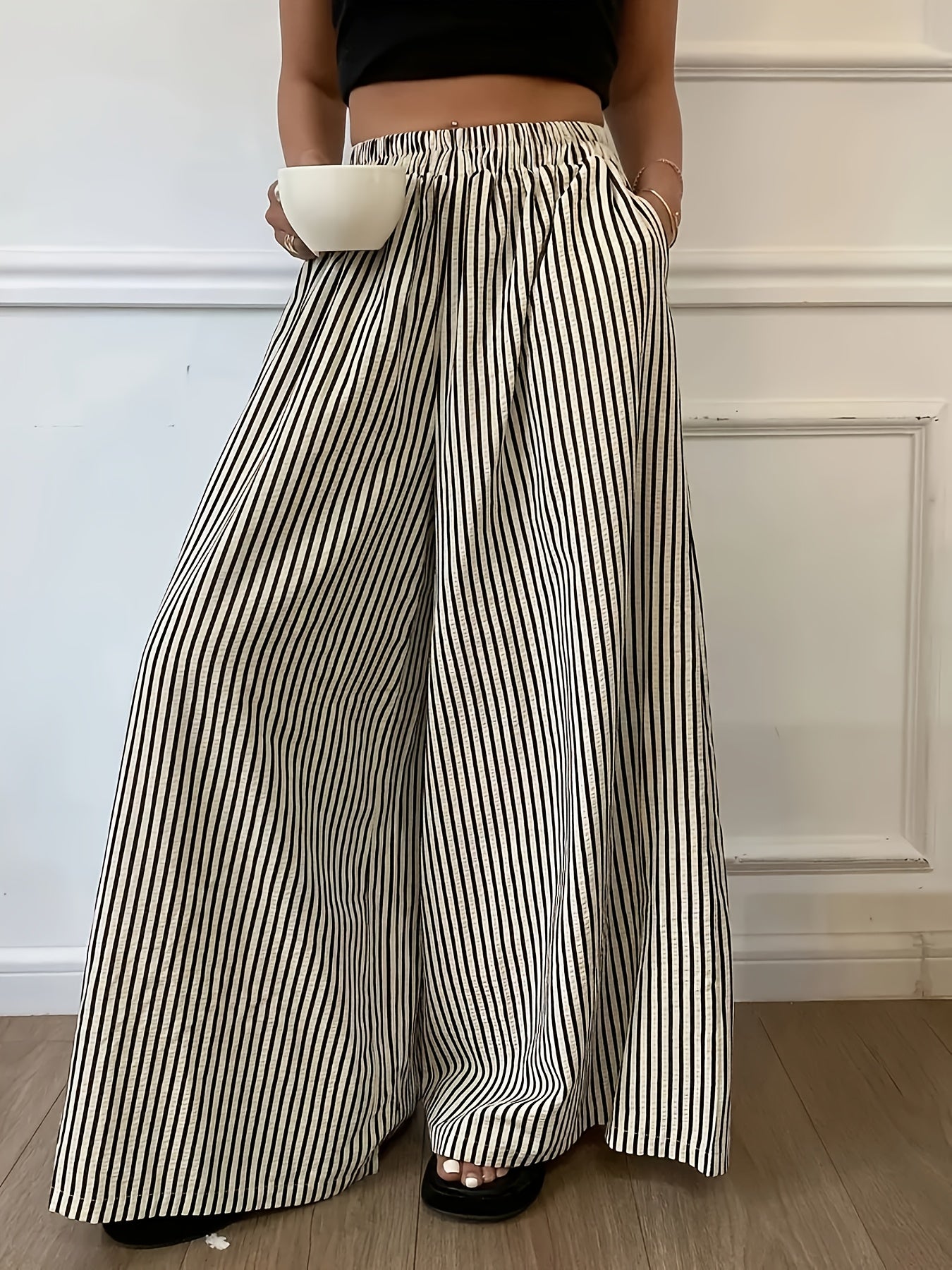 Women's Polyester Wide-Leg Pants Elastic Waist Black and White Stripes