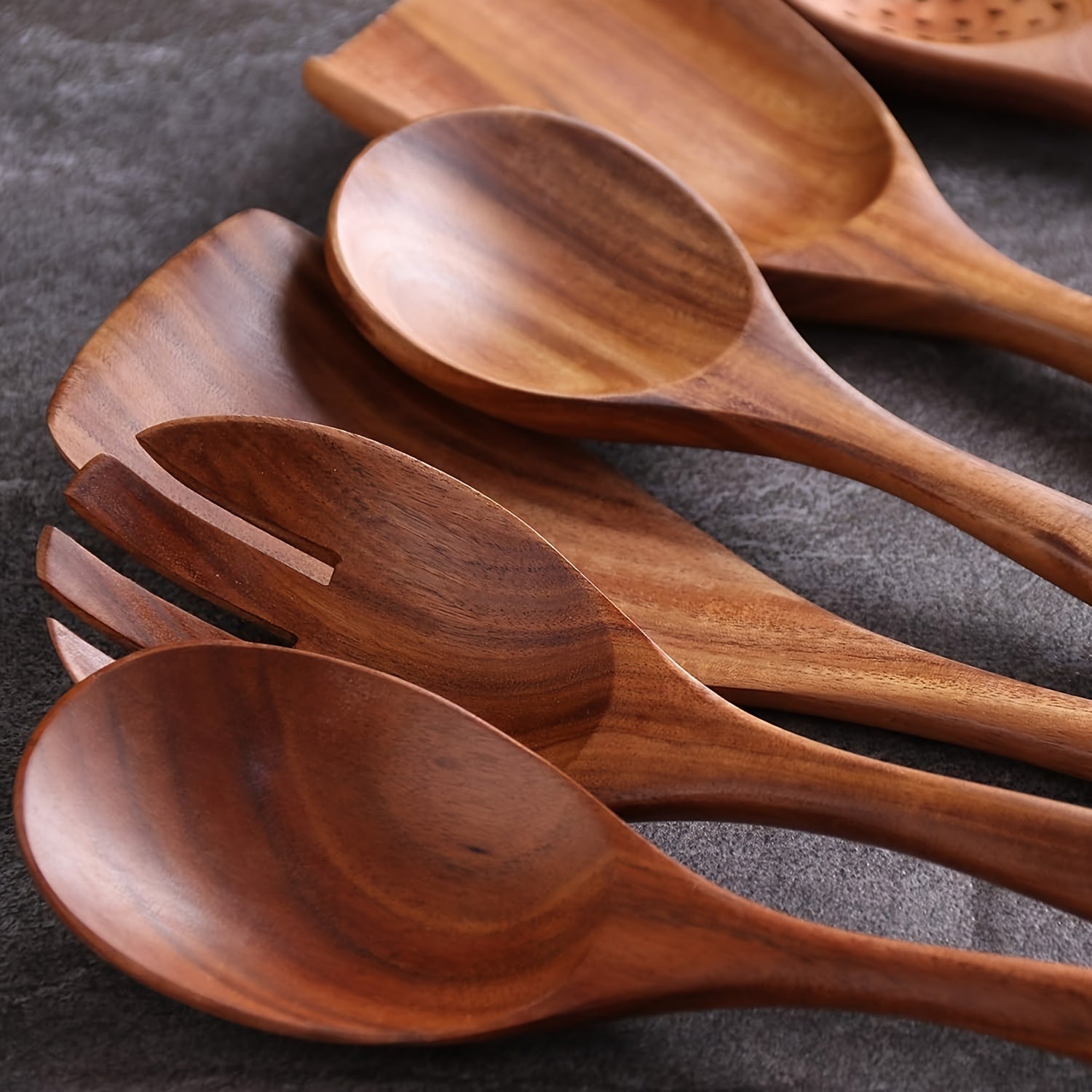 Juego de 7 utensilios de cocina de madera antiadherentes en cubo de almacenamiento con espátula, cuchara y más